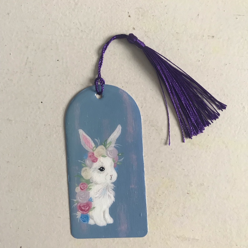 Hand-Painted Bunny Bookmark with Purple Tassel